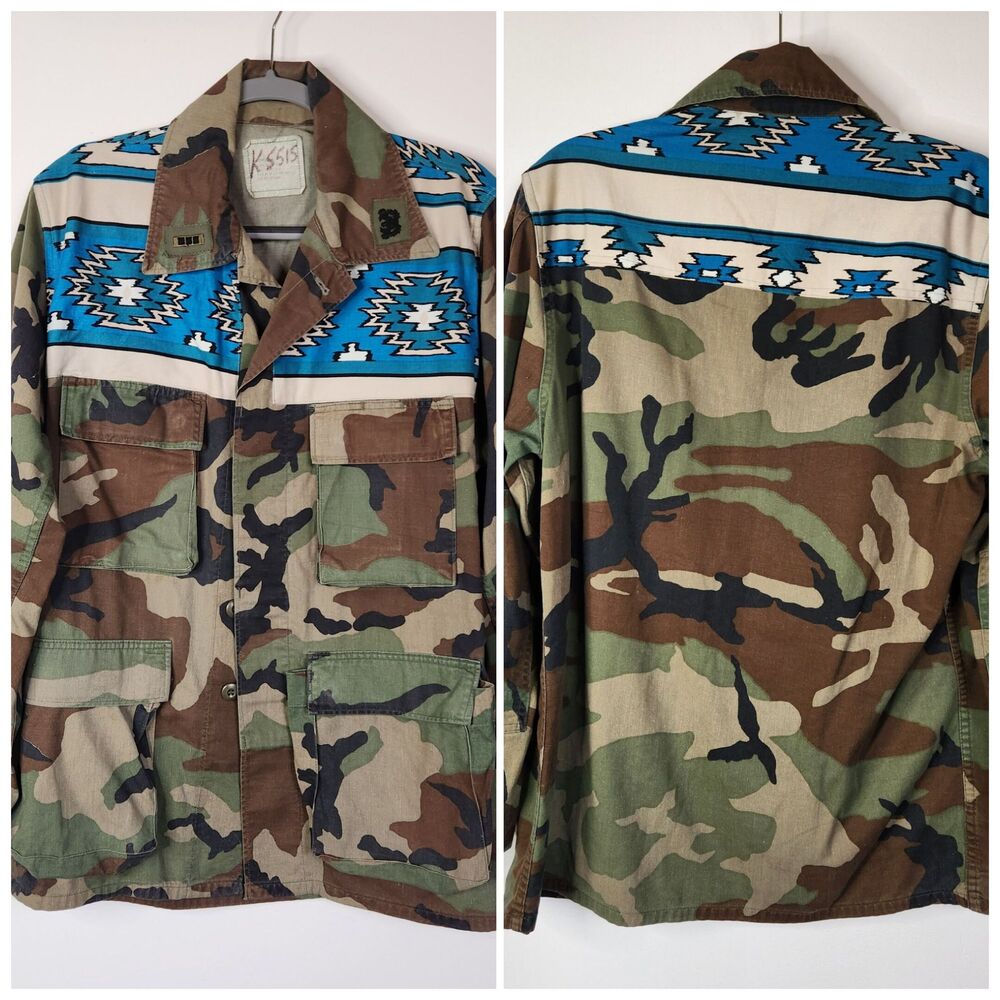 Vintage Mens Military & Southwestern Shirt Patchwork Shirt Military Jacket M L